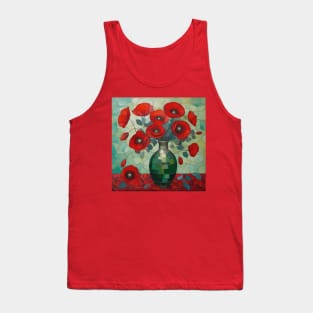 Red Poppies and Eucalyptus Leaves in a Geometric Green Vase Tank Top